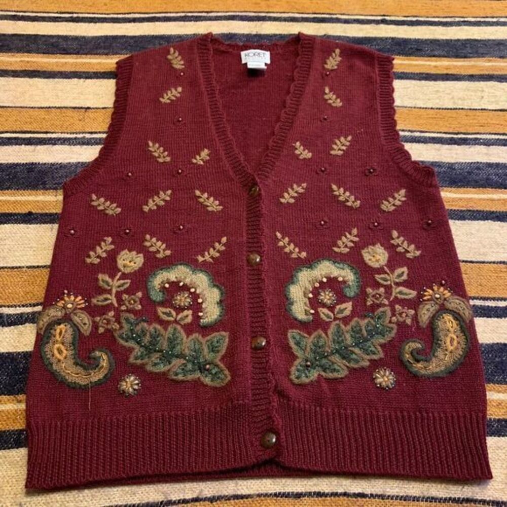 Koret Sweater Vest Burgundy Floral Embroidered Beaded Wool Blend Granny Academia
